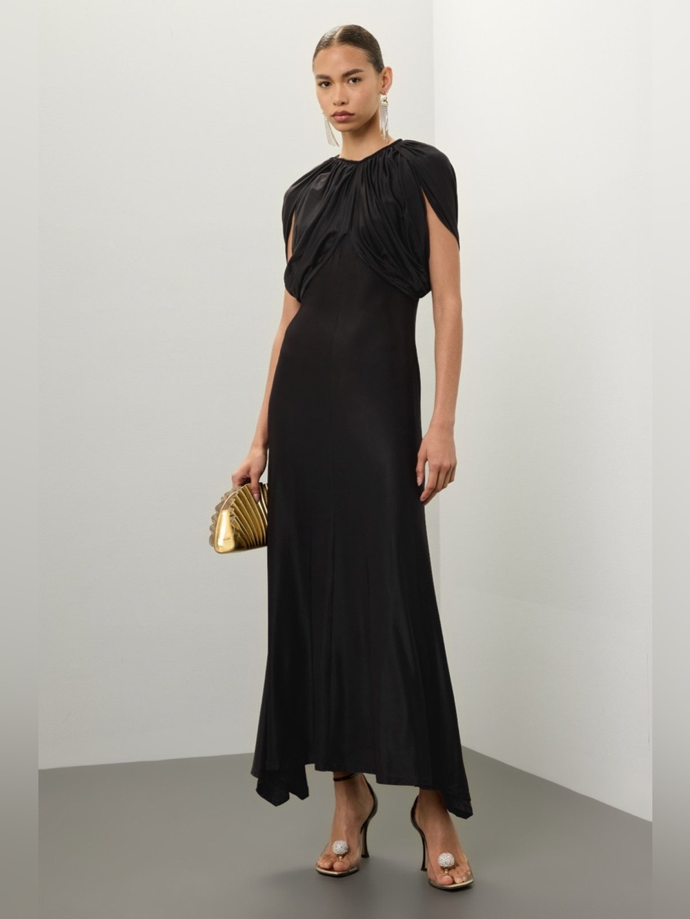 Rabanne Draped Short Sleeve Dress Paco Black Maxi - Size FR 44 US 10 $1500